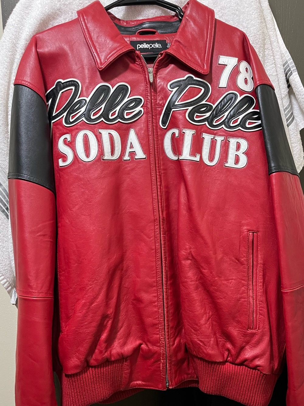 Pelle Pelle Red and Black Soda Club Leather Bomber Jacket